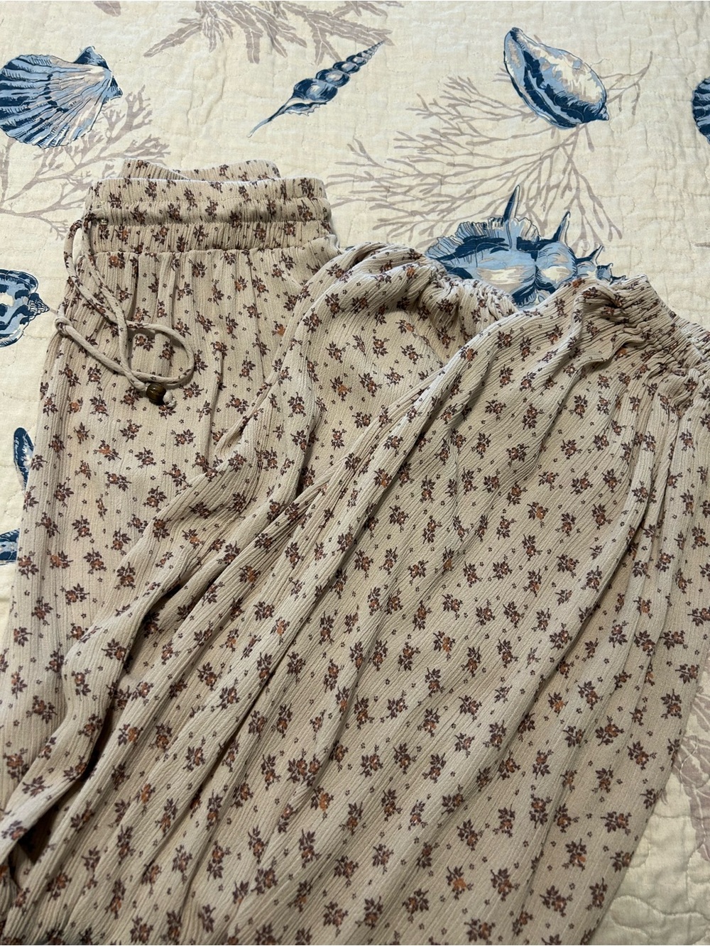 Three Bird Nest Beige Floral Maxi Skirt with Drawstring Waist